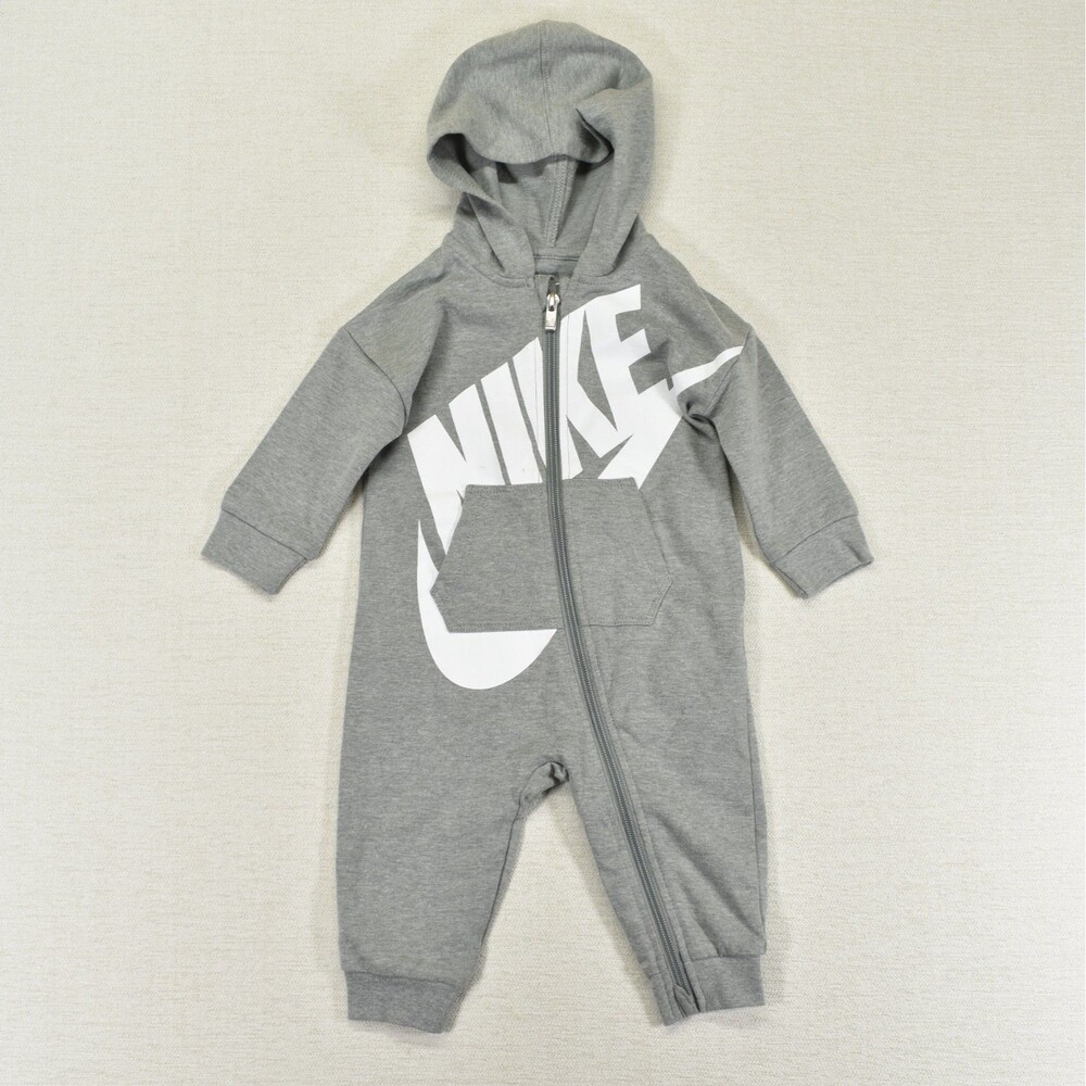 Nike Baby One Piece Sweatsuit 9M Grey Hooded Romper Graphic Coverall Jumpsuit
